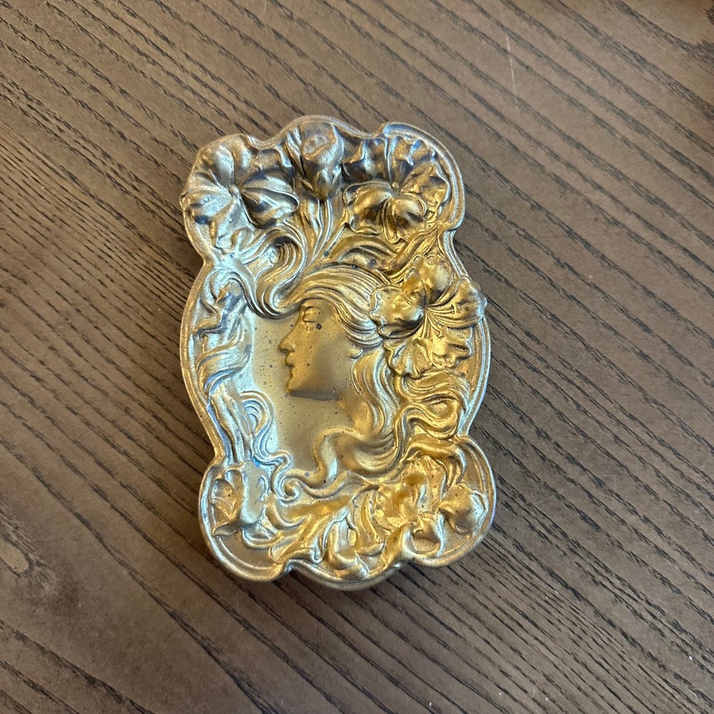 Vintage Art Nouveau Gold Tone Metal Trinket Dish Woman Profile Floral 5x3